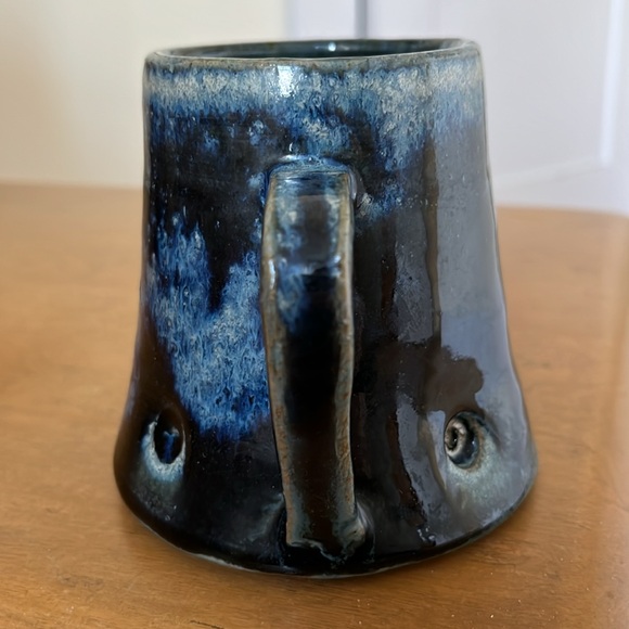 Studio Pottery Hand thrown A-Line 4 Dimples Mug in Glazed Blue Brown Earth-tones - Picture 3 of 7